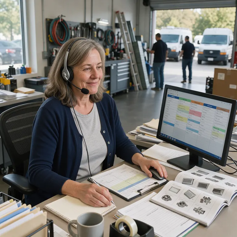 a friendly office coordinator at a desk with a headset taking a service call, a printed dispatch board and HVAC parts catalog beside the monitor