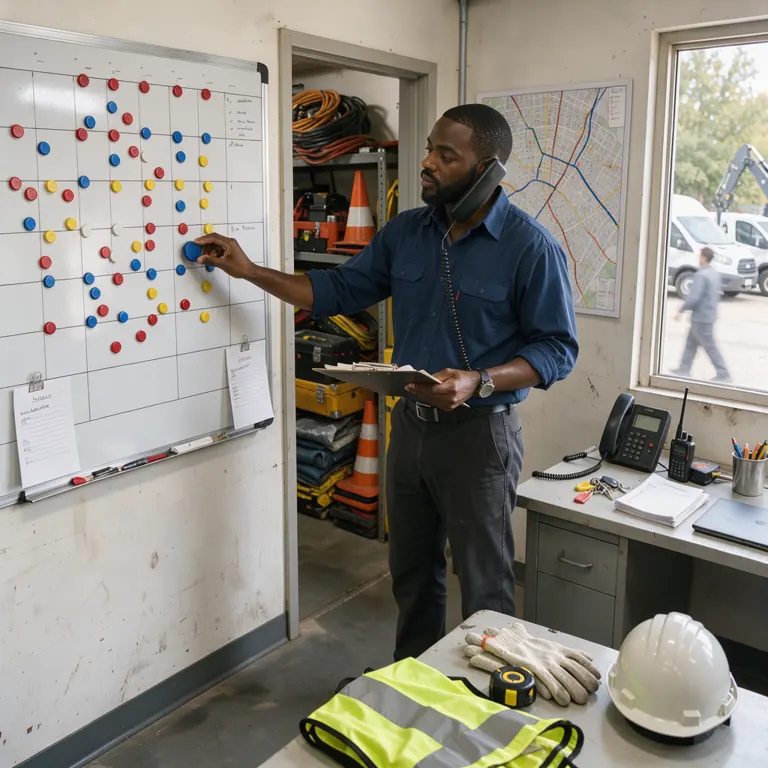 a dispatcher standing at a large whiteboard schedule with magnets, a city map and a phone, in a small contractor office