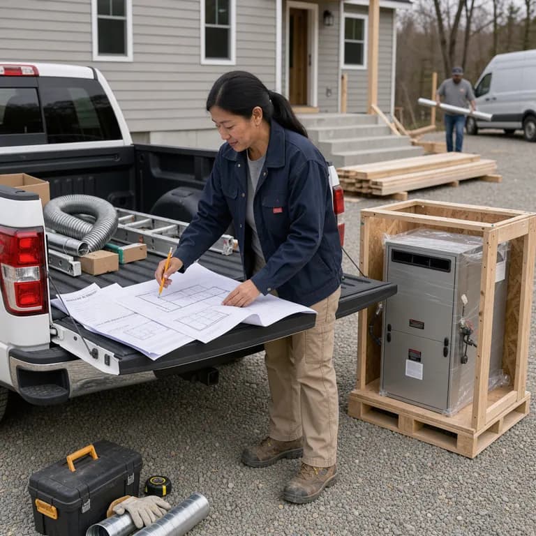 a contractor reviewing a building permit packet and mechanical drawings on a tailgate next to a new furnace still in its crate