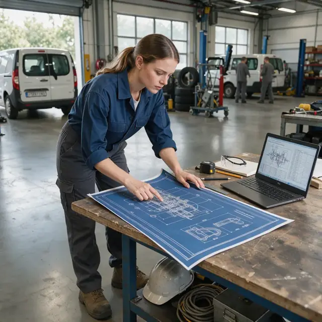 a worker at a workbench reviewing large blueprints spread across a table with a laptop showing equipment specifications