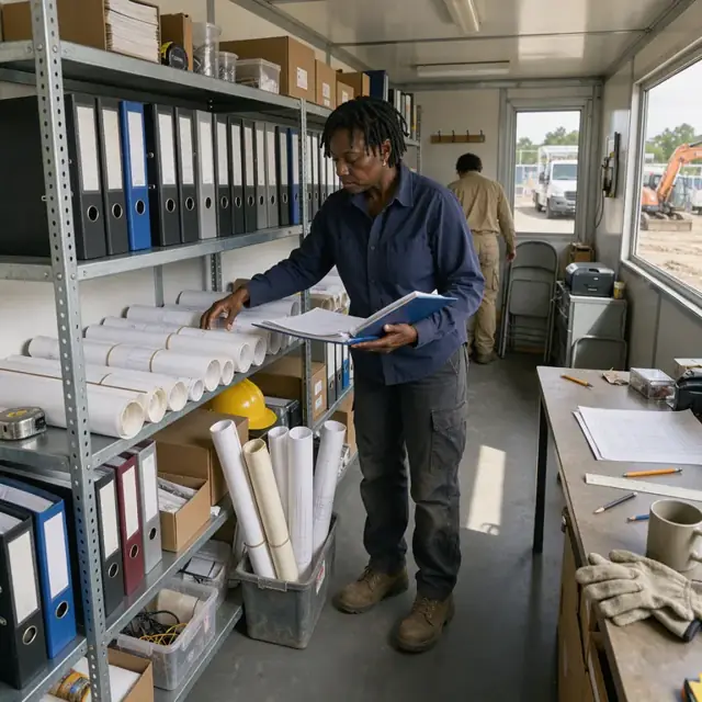 a worker organizing stacks of project binders and rolled drawings on metal shelves in a job trailer office