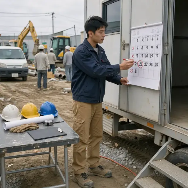 a worker marking dates on a large wall calendar next to a jobsite trailer with hard hats on the table