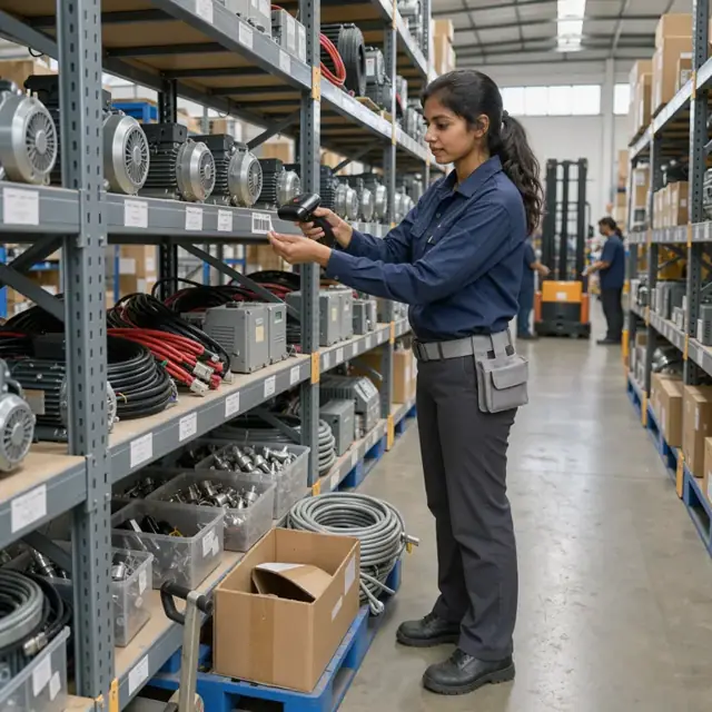 a worker scanning barcodes on shelves of motors, cables and controllers inside a well-lit parts warehouse