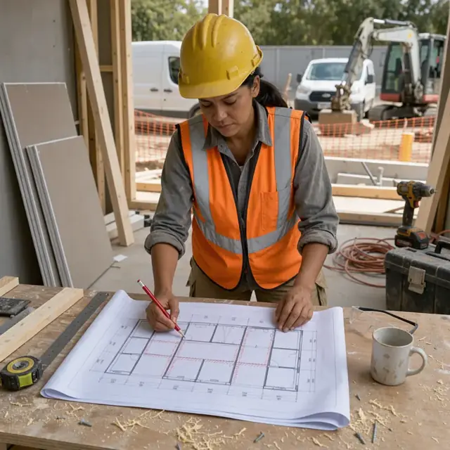 a worker reviewing revised blueprints and marking additional wall areas with a red pencil on a jobsite workbench