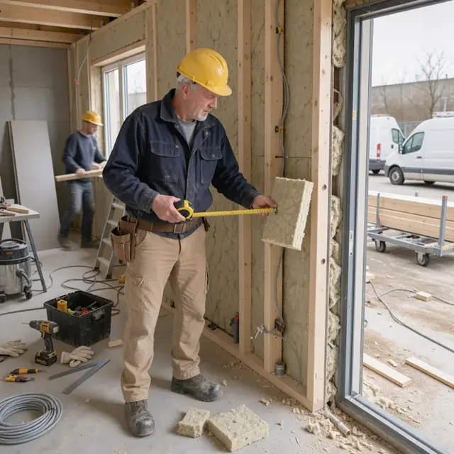 a worker wearing a hard hat holding a tape measure and insulation sample while checking a wall cavity before covering
