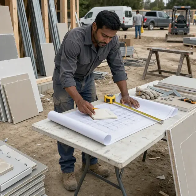 a worker at a folding table on a job site reviewing large printed blueprints with a notepad and tape measure surrounded by sample drywall panels