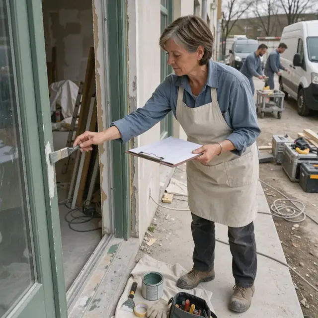 a worker using a small brush to touch up a painted door frame while checking items on a punch list attached to a clipboard