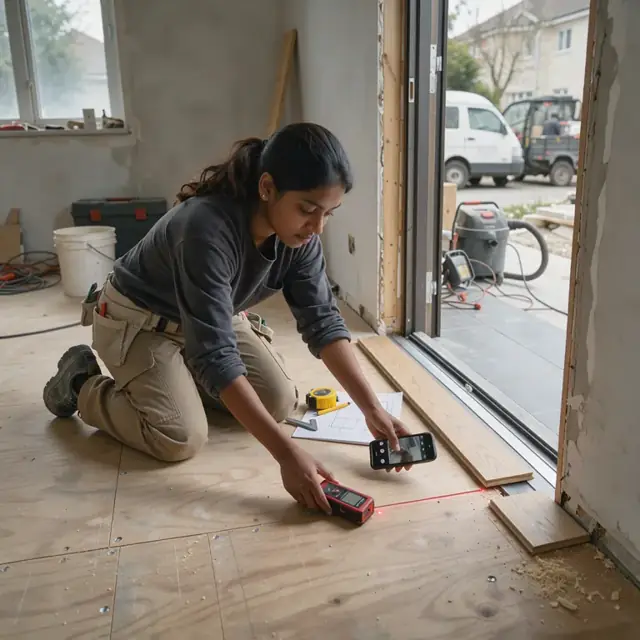 a worker kneeling on a plywood subfloor taking measurements with a laser distance meter while photographing existing flooring transitions