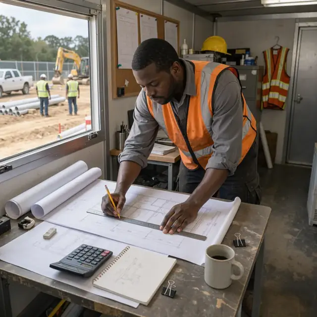 a worker at a jobsite trailer desk measuring dimensions on large blueprint sheets spread across a table with a calculator and notepad