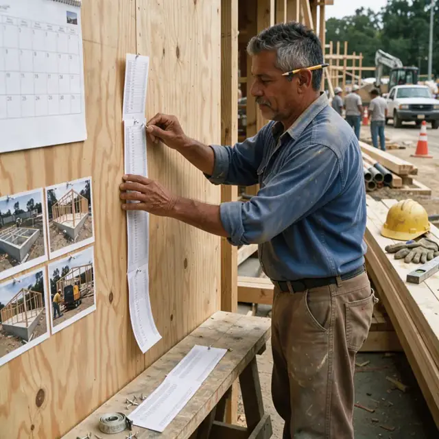 a worker standing at a plywood wall pinning printed schedule strips next to a calendar and project photos