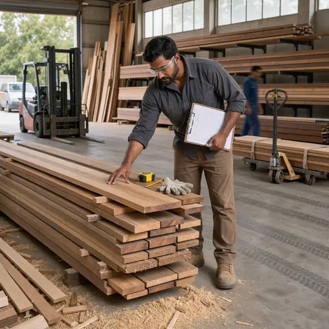 a worker inspecting a stack of hardwood lumber boards in a shop storage area with an inventory clipboard