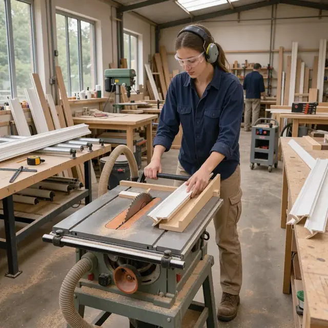 a worker operating a table saw cutting precise miters on crown molding in a well-lit woodworking shop