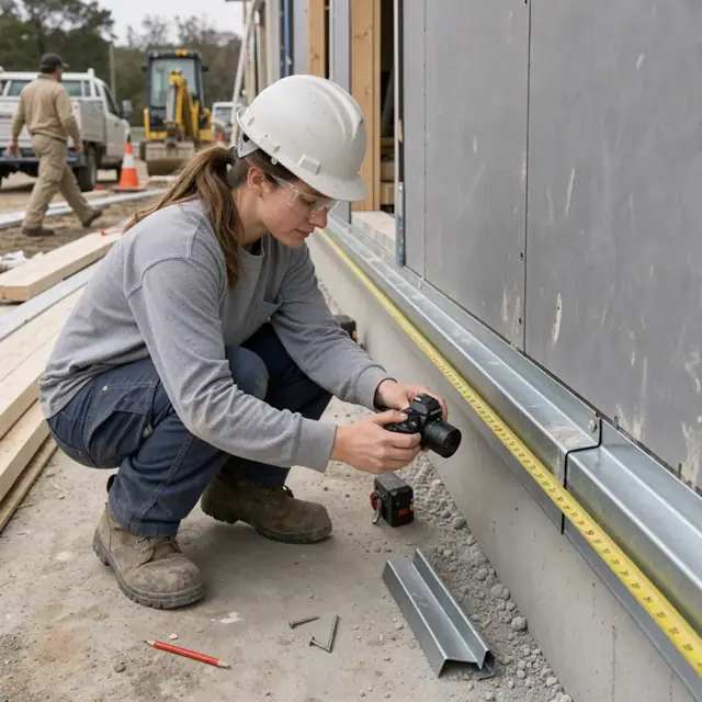 a worker photographing a field condition on a jobsite with a measuring tape extended across newly installed metal trim