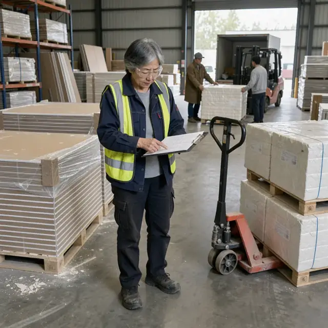 a worker in a warehouse checking pallets of drywall sheets and insulation bundles against a delivery manifest