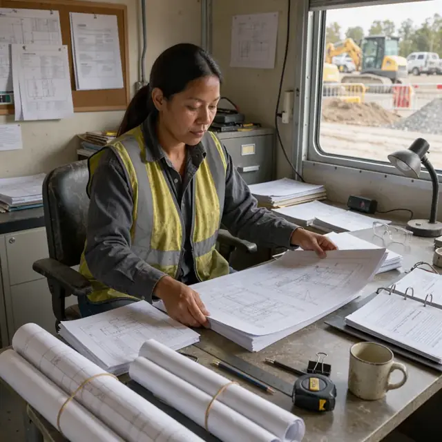 a worker organizing stacks of technical data sheets and printed shop drawings on a jobsite trailer desk