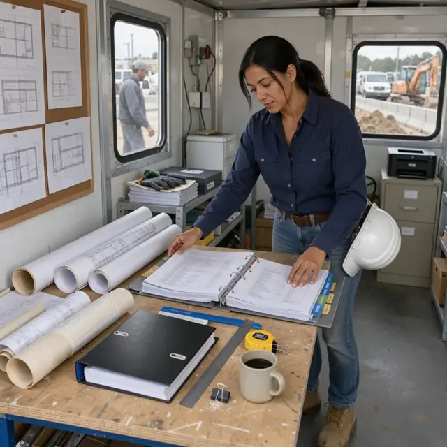 a worker organizing large rolled as-built drawings and binders full of test reports on a workbench inside a jobsite trailer