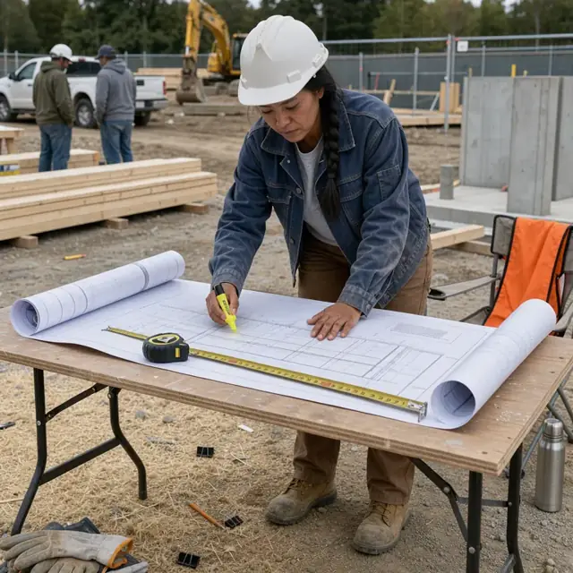 a worker at a folding table on a jobsite reviewing large rolled plan sheets spread across plywood with a tape measure and highlighter