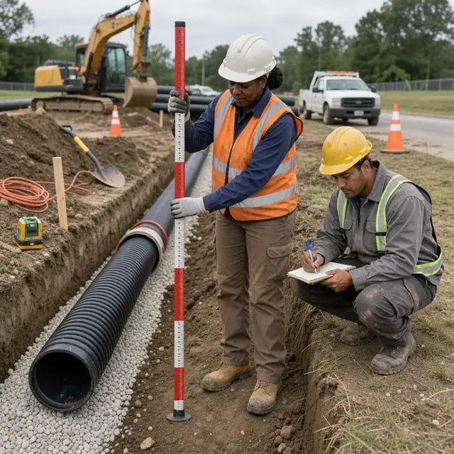 a worker holding a survey rod while another records grade elevations next to a freshly installed underground pipe in an open trench