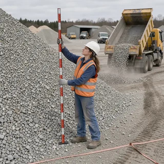 a worker measuring the height of a large pile of crushed stone with a stadia rod while a dump truck unloads nearby