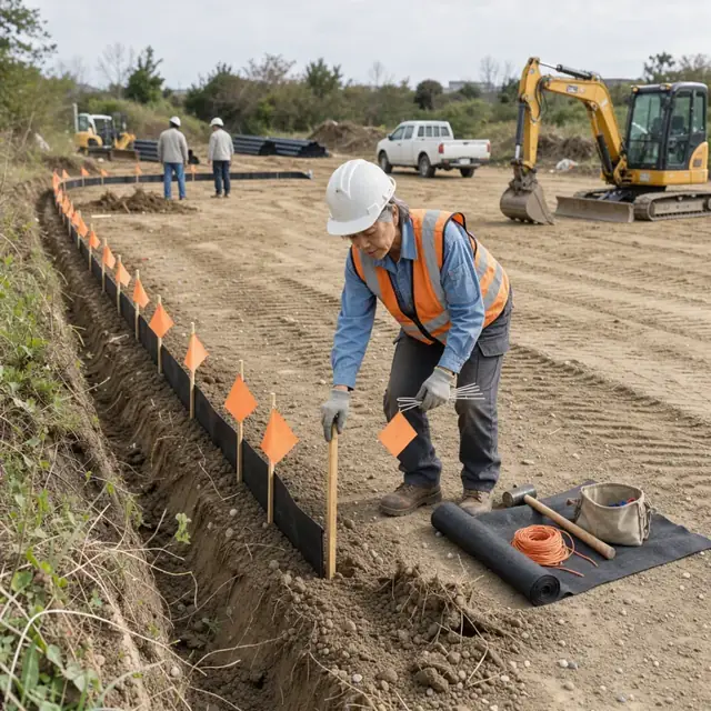 a worker wearing a hard hat standing at the edge of a cleared lot marking erosion control silt fence locations with flags and stakes