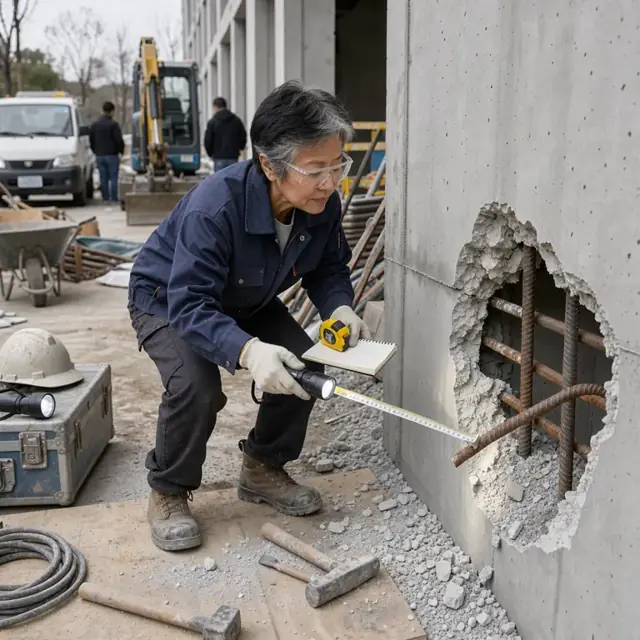 a worker pointing a flashlight into an exposed concrete wall showing unexpected rebar while holding a tape measure and notepad