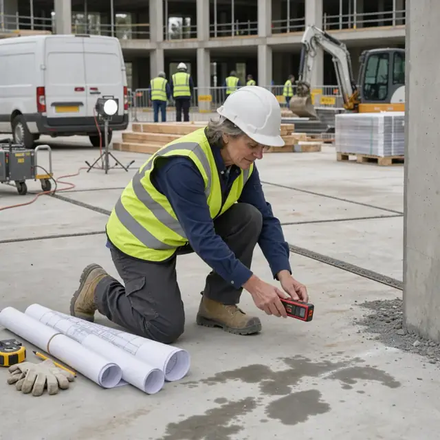 a worker in a high-visibility vest kneeling on a concrete slab taking measurements with a laser distance tool beside a set of rolled drawings