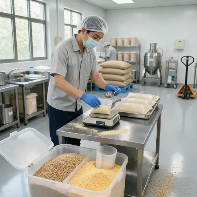 a worker wearing gloves weighing small bags of vitamin premix on a precision scale beside large bins of grains in a brightly lit ingredient room