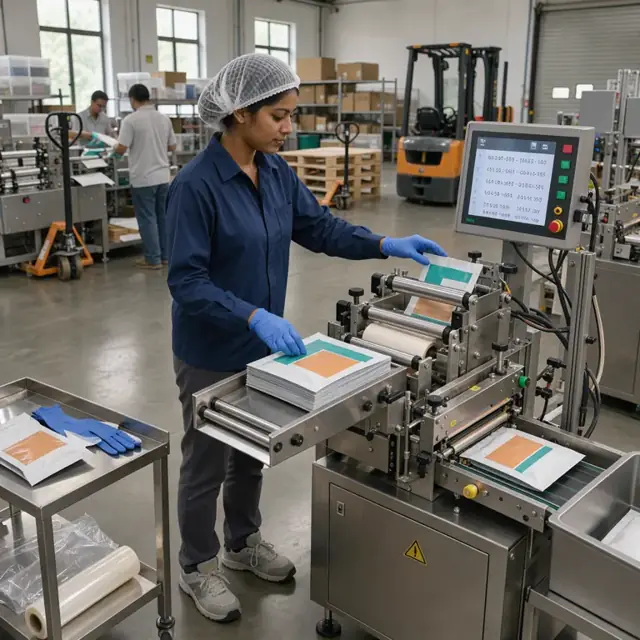 a worker feeding flat printed pouches into an automated bagging machine while checking a digital screen showing lot codes