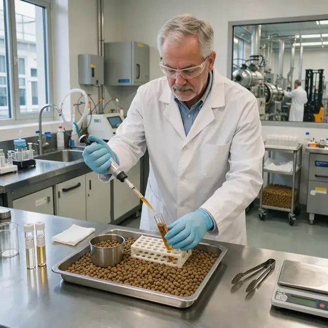 a worker in a lab coat pipetting a sample from a freshly extruded kibble batch into a small test tube inside a quality control laboratory
