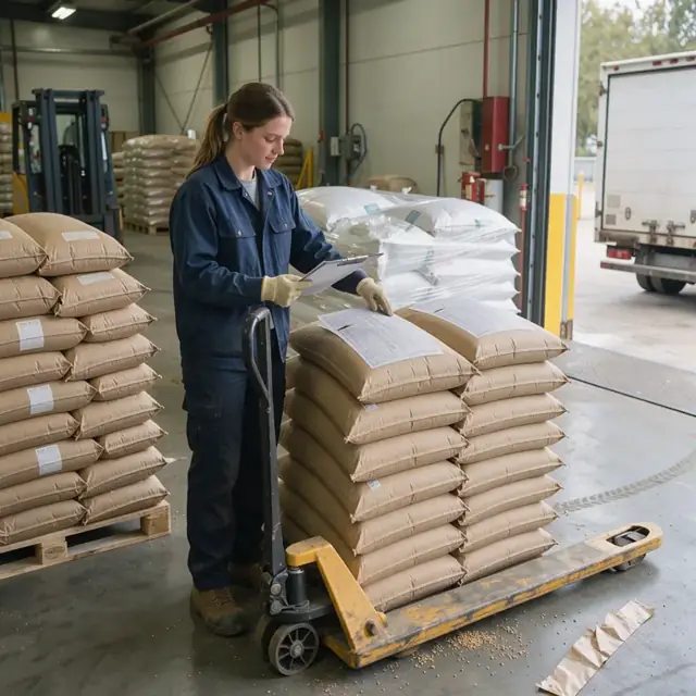 a worker reviewing stacked feed bags and delivery schedules on a clipboard inside the loading bay of a feed mill