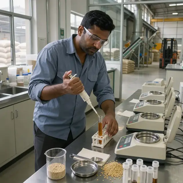 a worker at a workbench in a feed mill quality lab pipetting a sample into a test tube beside a row of moisture analyzers