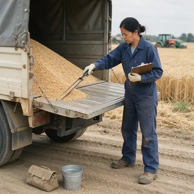 a worker in coveralls standing beside a grain truck using a hand probe to sample wheat at the tailgate while holding a clipboard