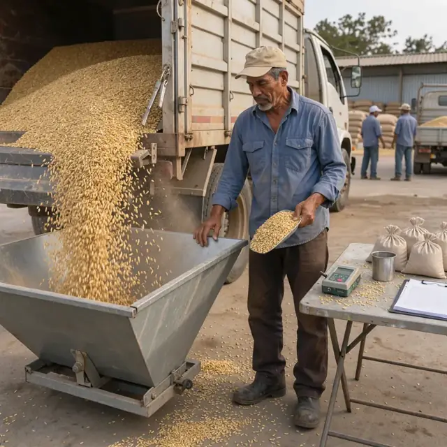 a worker standing beside a large truck unloading golden paddy rice into a receiving hopper with a moisture meter and sample bags on a nearby table