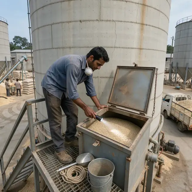 a worker using a flashlight to check the level of rice inside a tall concrete storage silo through an access hatch