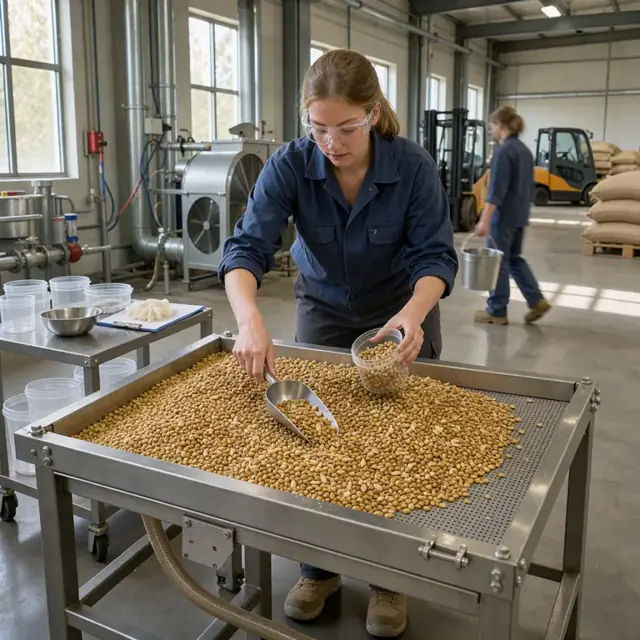 a worker collecting finished malt kernels from a cooling tray for lab testing