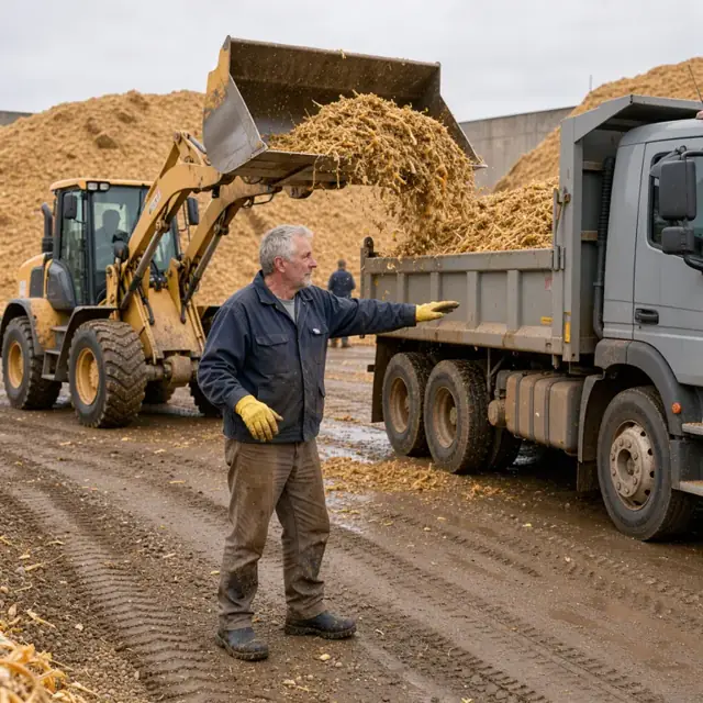 a worker directing a front-end loader filling a dump truck with wet corn fiber from a large outdoor storage pile