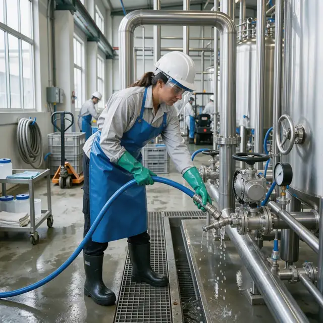 a worker in protective gear performing clean-in-place procedures on large stainless steel pipes and valves inside a processing plant
