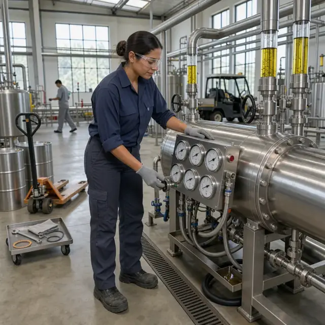 a worker checking gauges on a stainless steel oil refining centrifuge with pipes carrying yellow oil in a brightly lit processing room