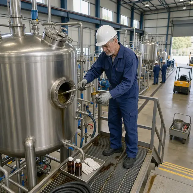 a worker drawing an oil sample from a large agitated blend tank with a stainless steel thief in a production area