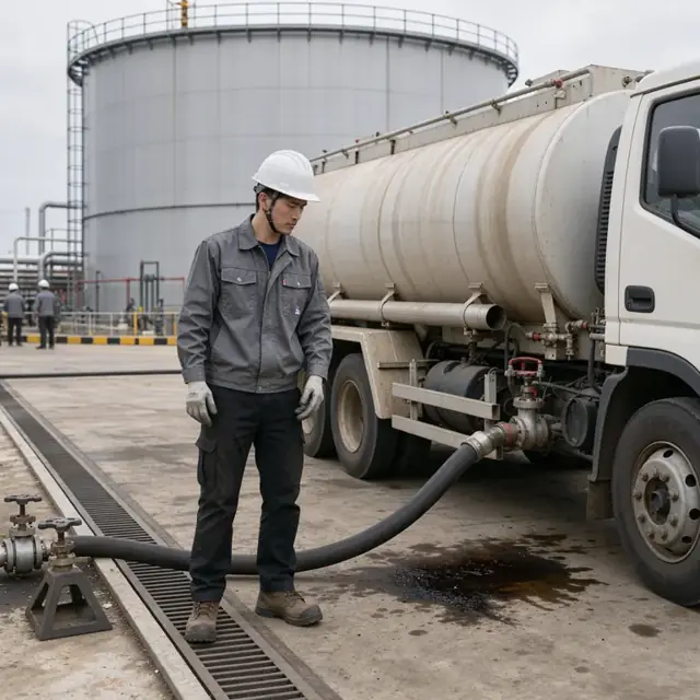 a worker standing beside a tanker truck connected by hose to a large outdoor raw oil storage tank at an industrial facility