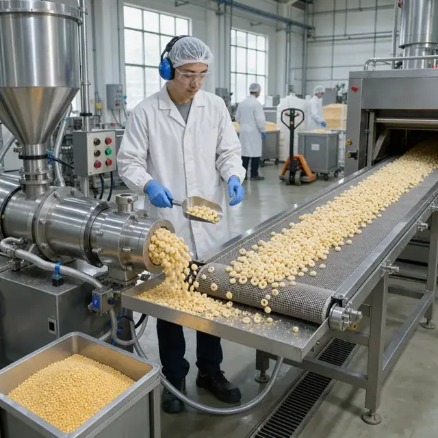 a worker in protective clothing monitoring a large industrial extruder turning corn grits into puffed cereal pieces on a conveyor heading toward a toasting oven