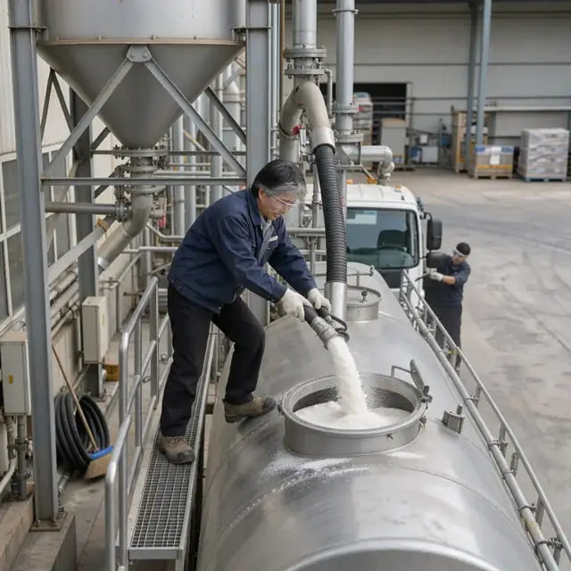 a worker guiding a stream of granulated sugar from a silo into a bulk tanker truck at a loading dock