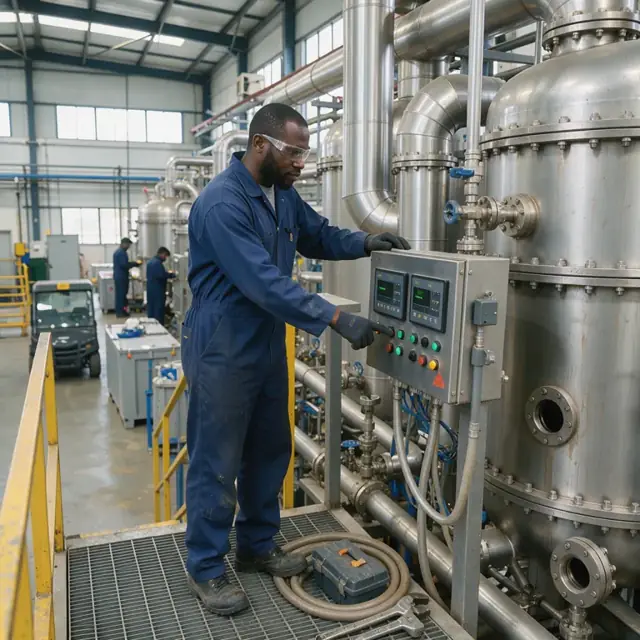 a worker in coveralls checking digital displays on a large juice evaporator unit inside a sugar beet factory