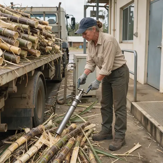 a worker standing beside a loaded cane truck at the scale house using a core sampler on a pile of freshly cut cane stalks
