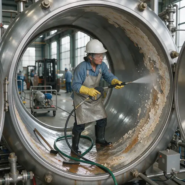 a worker wearing gloves cleaning scale from inside a large vacuum pan with high-pressure hoses in a sugar factory