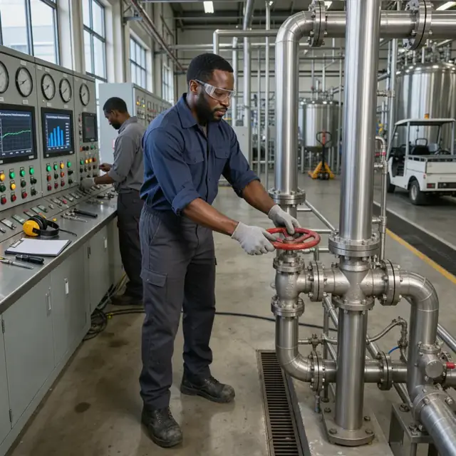 a control room with multiple gauges and screens showing evaporator temperatures while a worker adjusts a valve on a large stainless steel pipe