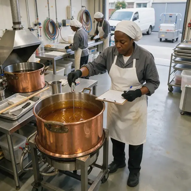 a worker wearing gloves checking the temperature of molten candy in a copper kettle and recording values on a clipboard