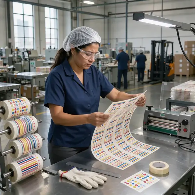 a worker inspecting a sheet of printed candy labels under bright light at a packaging station with rolls of film nearby