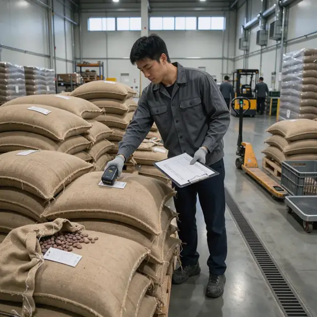 a worker scanning sacks of cacao beans next to a clipboard checklist inside a temperature-controlled warehouse