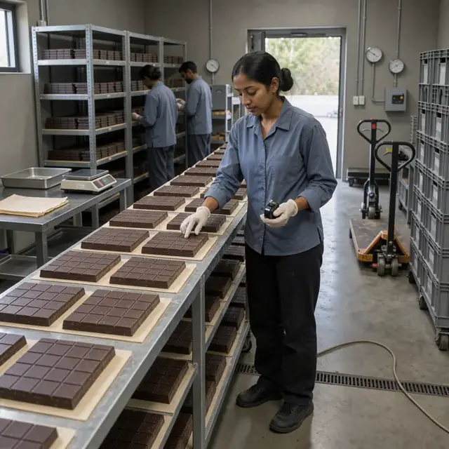 a worker counting stacked chocolate bars on shelves inside a cool, dark aging room with humidity gauges on the wall